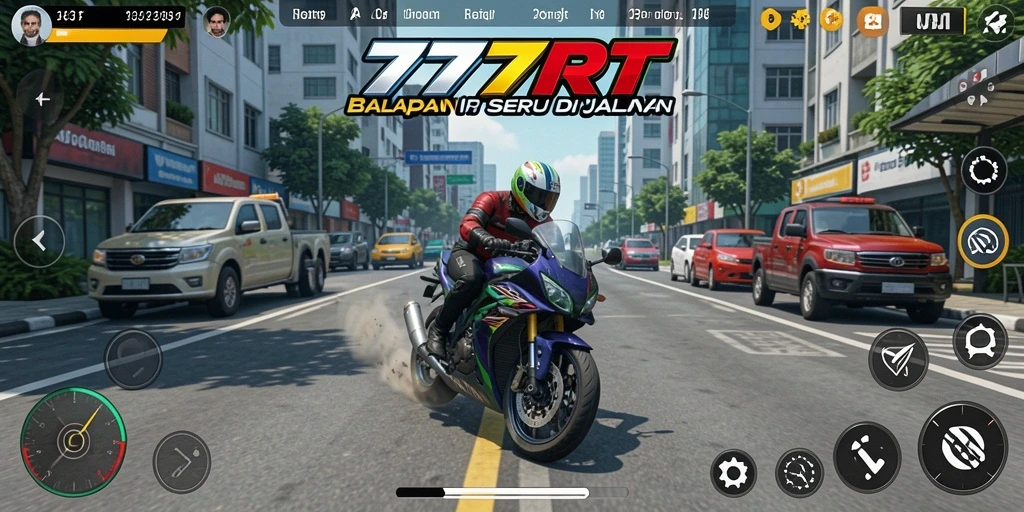 Screenshot utama gameplay 777RT yang menunjukkan serunya balapan motor.