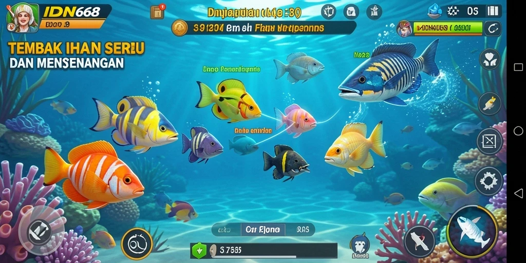 Menampilkan gameplay seru dari IDN668 dengan berbagai ikan berwarna-warni.
