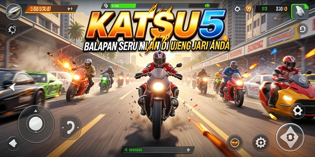Tampilan aksi balapan di KATSU5 dengan mobil yang melaju cepat.