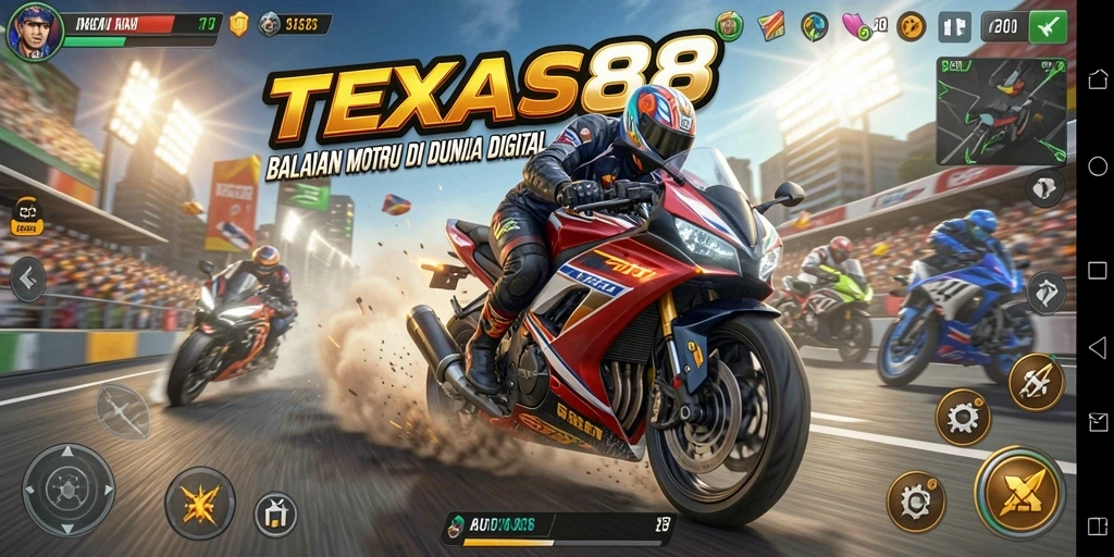 Tampilan gameplay yang mendebarkan dari TEXAS88 dengan balapan motor.